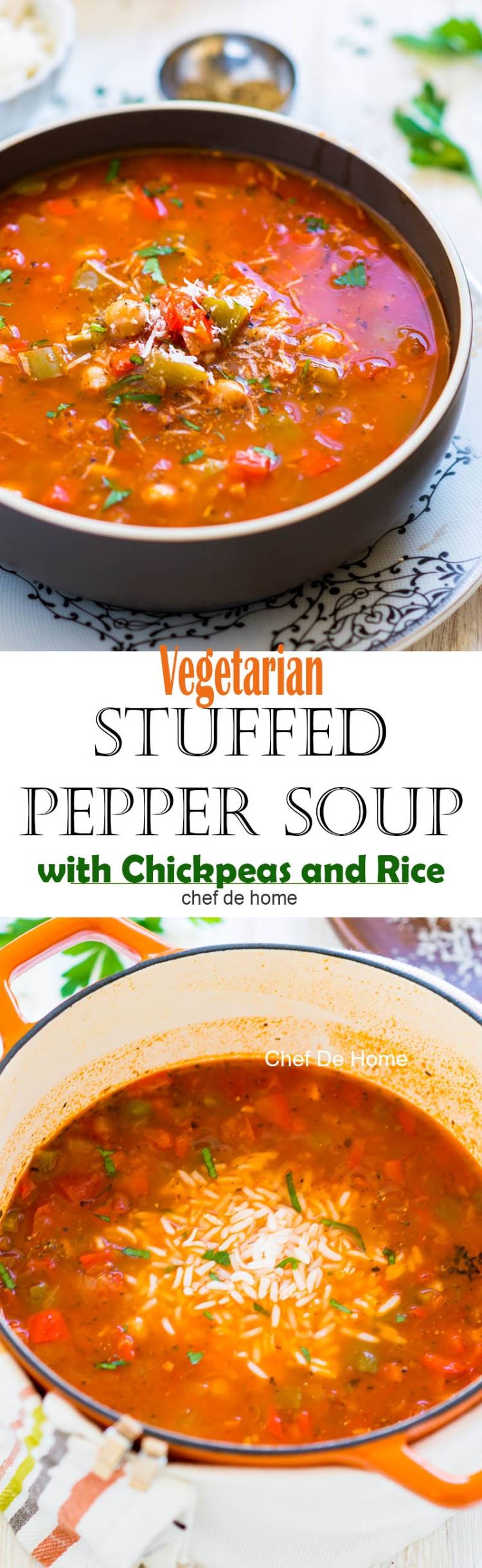 Easy homemade vegetarian stuffed pepper soup with two kind of peppers chickpeas and rice gluten free | chefdehome.com