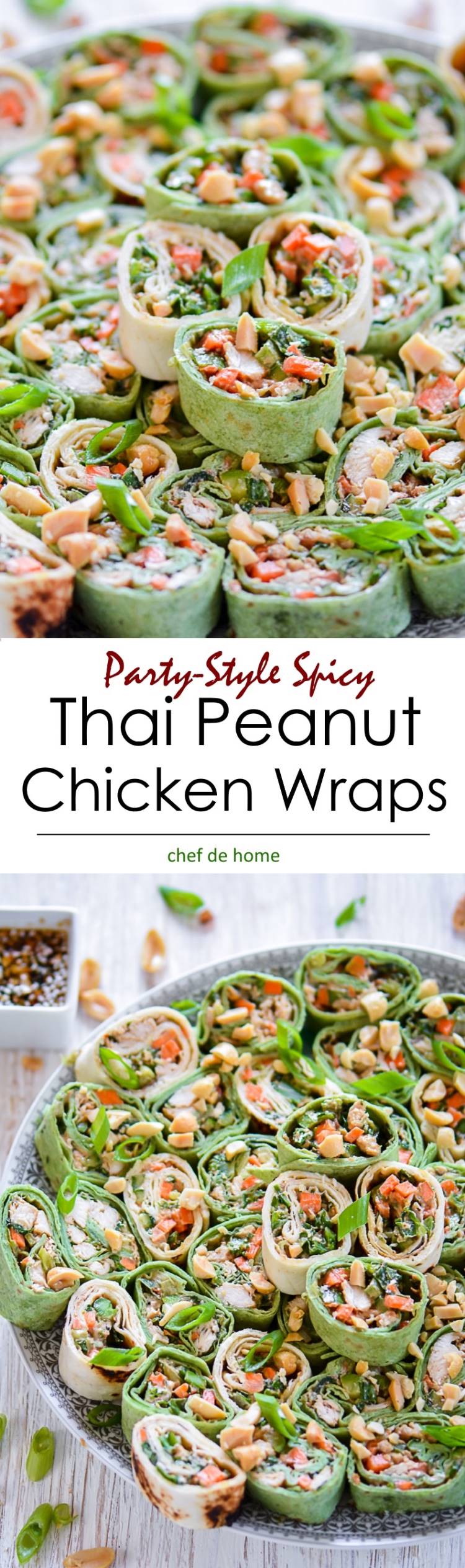 Thai Peanut Chicken Wraps with spicy peanut sauce and crunchy veggies | chefdehome.com