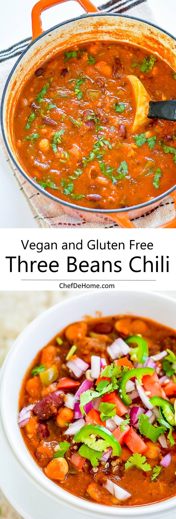 Easy Vegetarian Vegan Three Beans Chili with Chickpeas | chefdehome.com