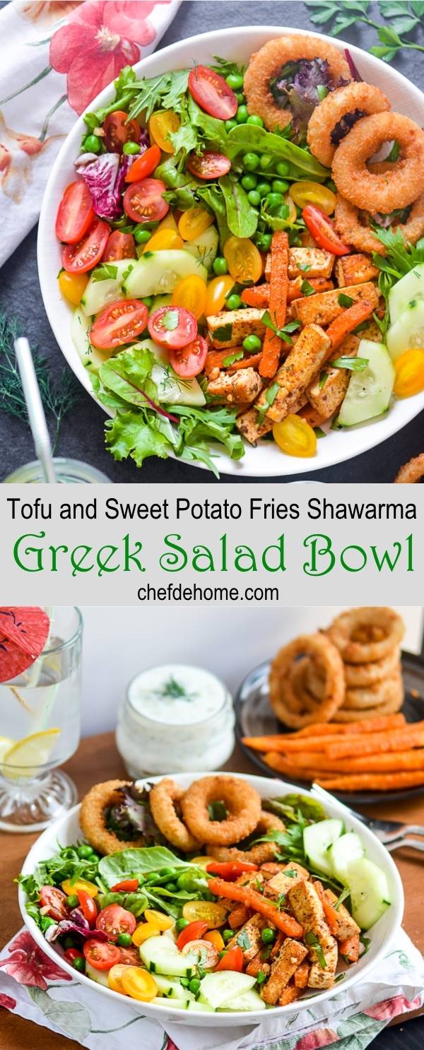 Vegetarian Tofu and Sweet Potato Fries Greek Shawarma Salad Bowl | chefdehome.com 