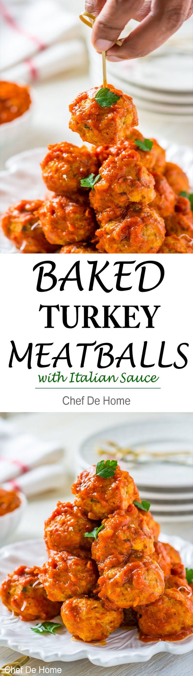 Baked not fried turkey meatballs coated in Italian marinara sauce | chefdehome.com