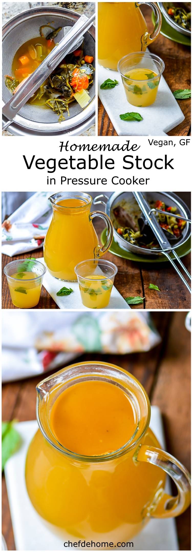 Homemade Vegan Vegetable Stock cooked in just 20 minutes in pressure cooker. Perfect to flavor soup and great health toniic with low sodium and almost negligible fat | chefdehome.com