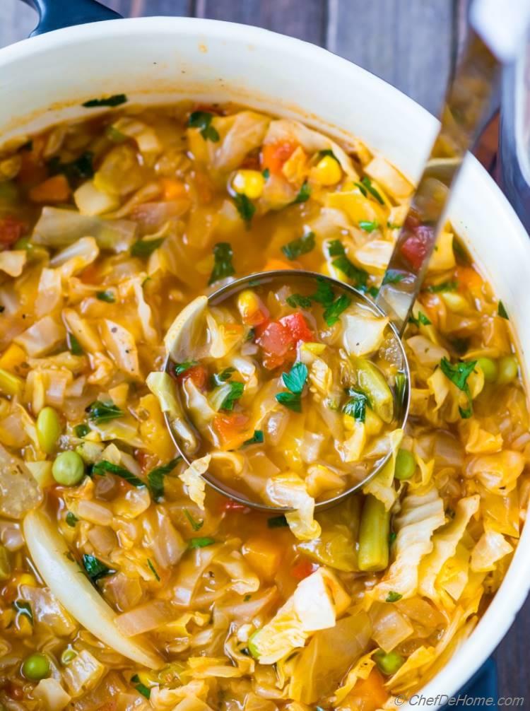 easy vegetarian cabbage soup recipe made with fresh ingredients and ready in just 25 minutes | chefdehome.com