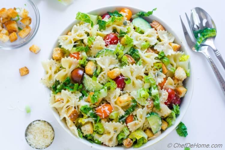 Potluck Salad with Crunchy Romaine, Pasta and Caesar Dressing