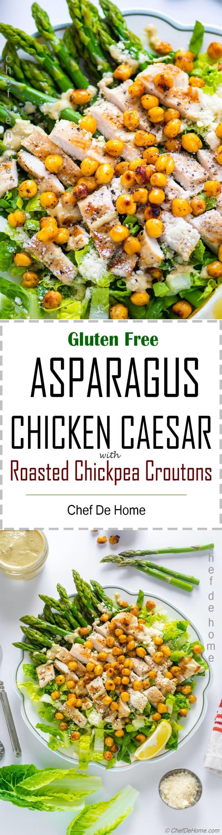 Caesar Salad with asparagus grilled chicken and roasted chickpeas croutons