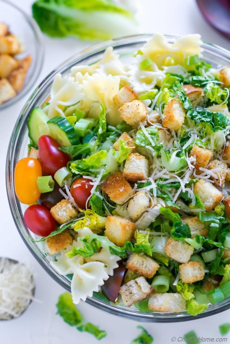 Summer Caesar Pasta Salad with creamy dressing