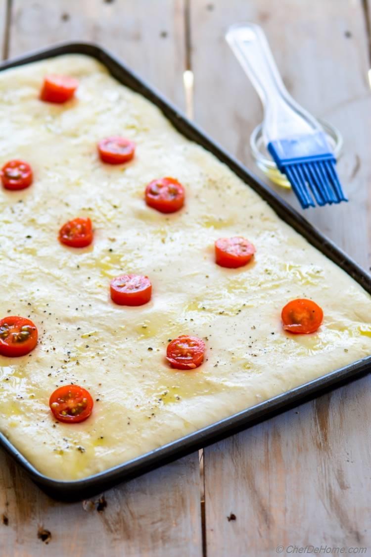 Making of Fluffy Fresh Baked Focaccia topped with Cherry Tomatoes | chefdehome.com 