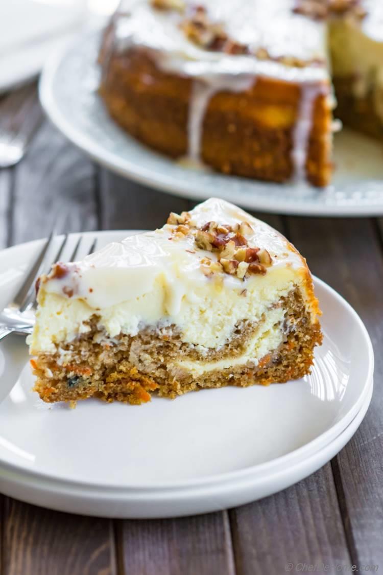 Carrot Cake Cheesecake slice made at home and ready to eat | chefdehome.com