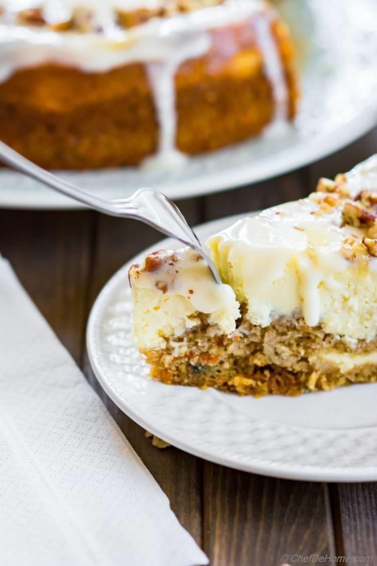 Homemade easy and baked in one pan spiced carrot cake layered with sour cream cheesecake | chefdehome.com