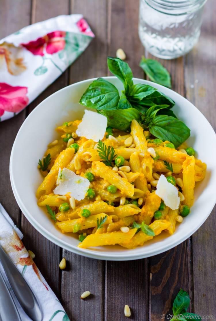 Penne pasta with Carrot Pasta Sauce and fresh basil