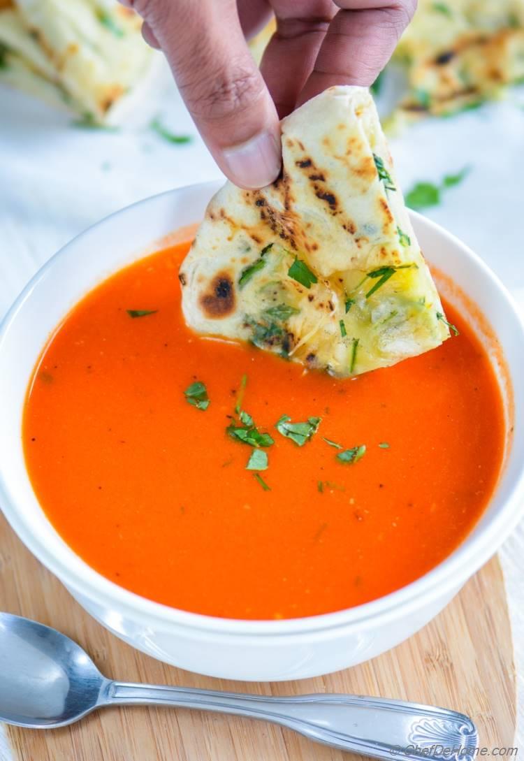 Garlic Cheese Naan served with Roasted Red Pepper Soup | chefdehome.com