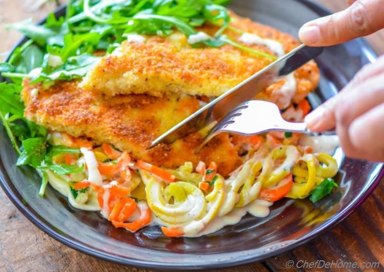 Crispy Moist Chicken with low carb squash noodles | chefdehome.com