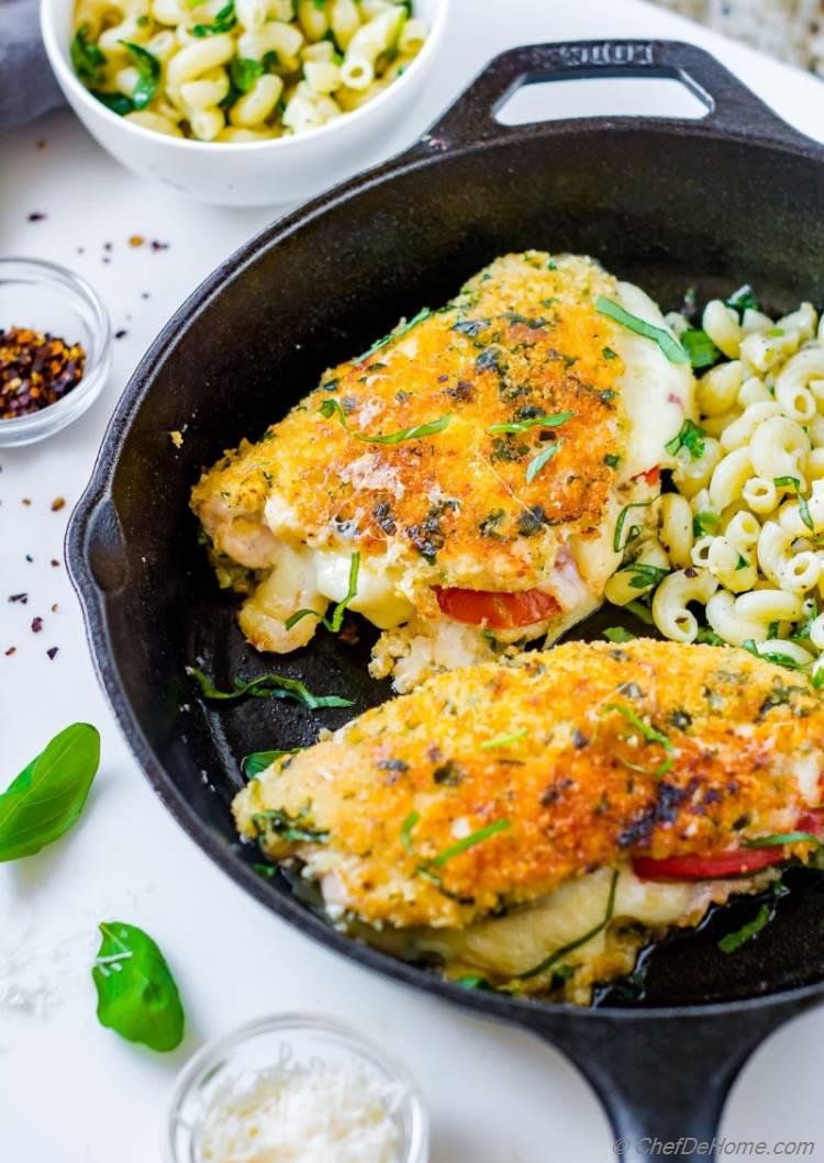 Caprese chicken recipe with parmesan crusted chicken and herb pasta