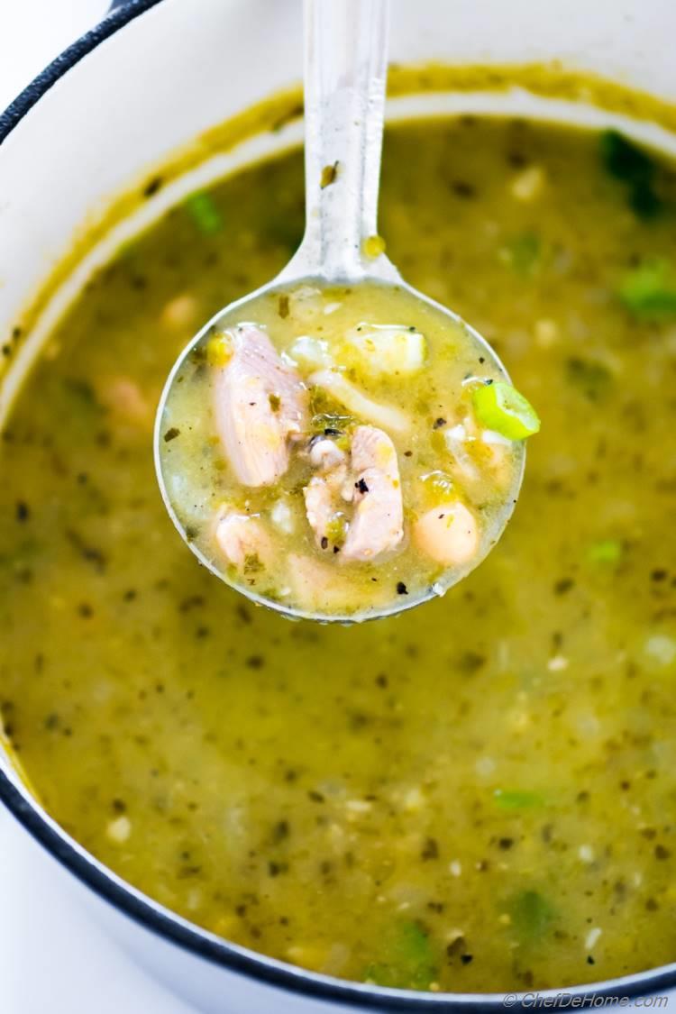 Ladle full of Chicken Chili Verde