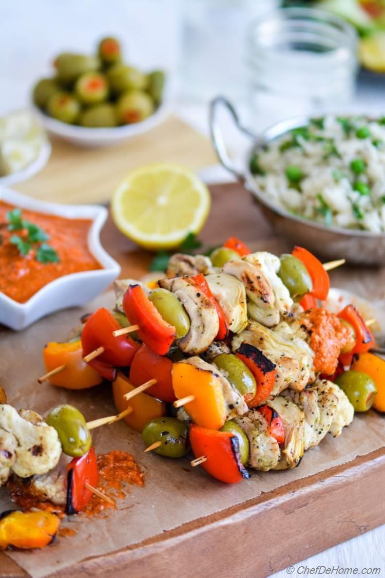 Easy and Delicious Grilled Chicken Kabobs Dinner with Garlicky Romesco Sauce | chefdehome.com