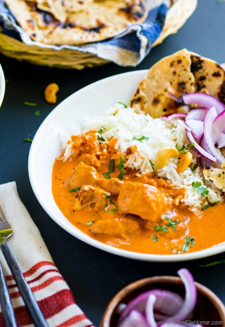 Homemade Chicken Tikka Masala with rice and naan and papdam | chefdehome.com