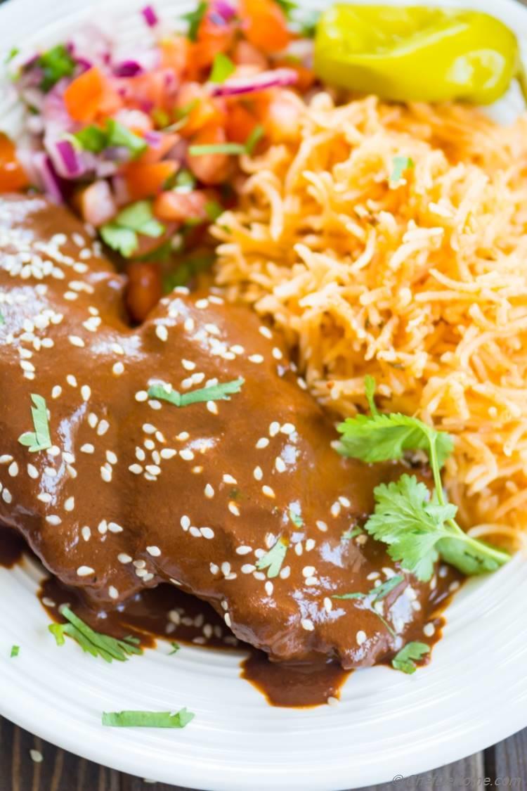 Easy Crockpot Mole Chicken with Spanish Tomato Rice Salsa and Mole Sauce | chefdehome.com