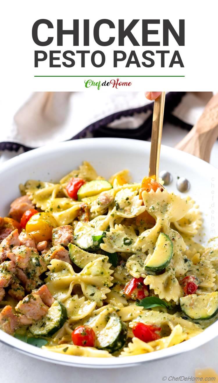 Best Chicken Pesto Pasta Dinner skillet with creamy pasta sauce