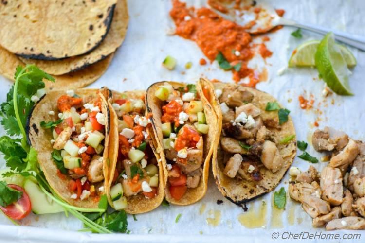 Cilantro Lime Chicken Tacos with Romesco Sauce | chefdehome.com