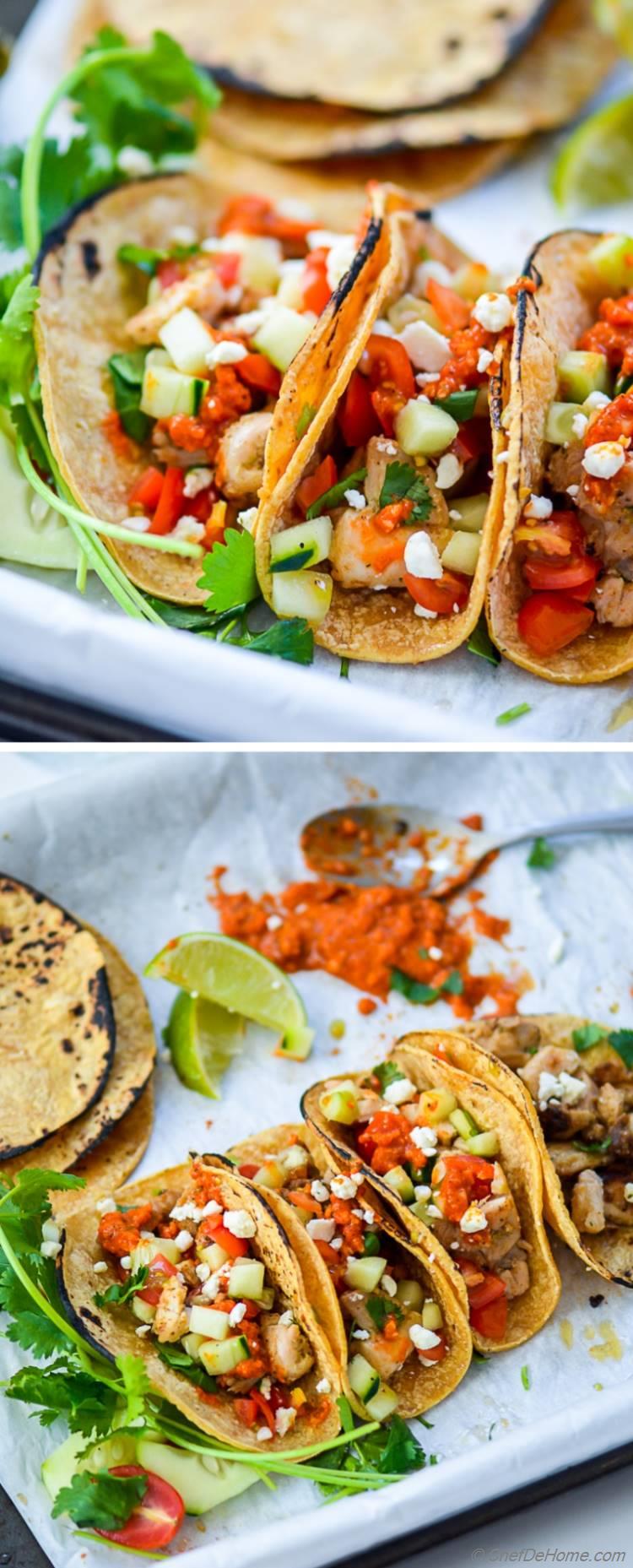 Cilantro Lime Chicken Tacos with Roasted Red Pepper Romesco Sauce for a Family-style Taco Night | chefdehome.com