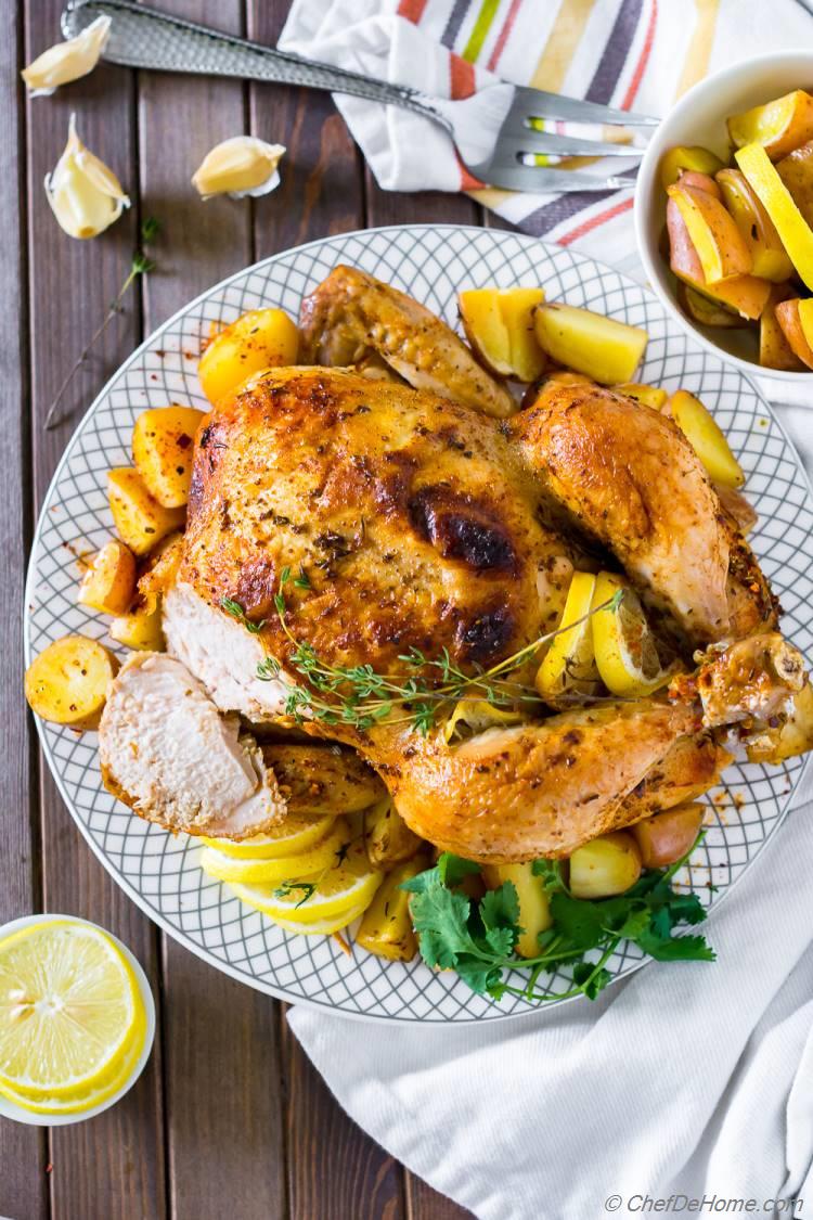 Perfect Roasted Whole Chicken with lemon thyme and potatoes