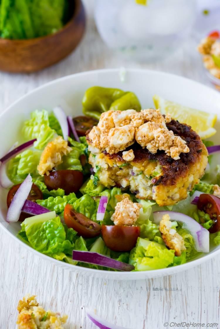 Chickpea Patties topped on crunchy green salad