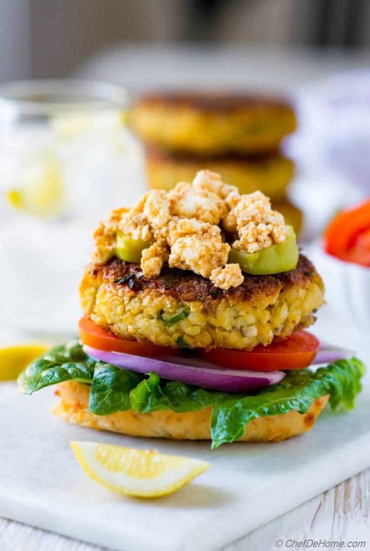 Veggie Burgers with Chickpea Patties Lettuce Tomato and Spicy Feta Cheese