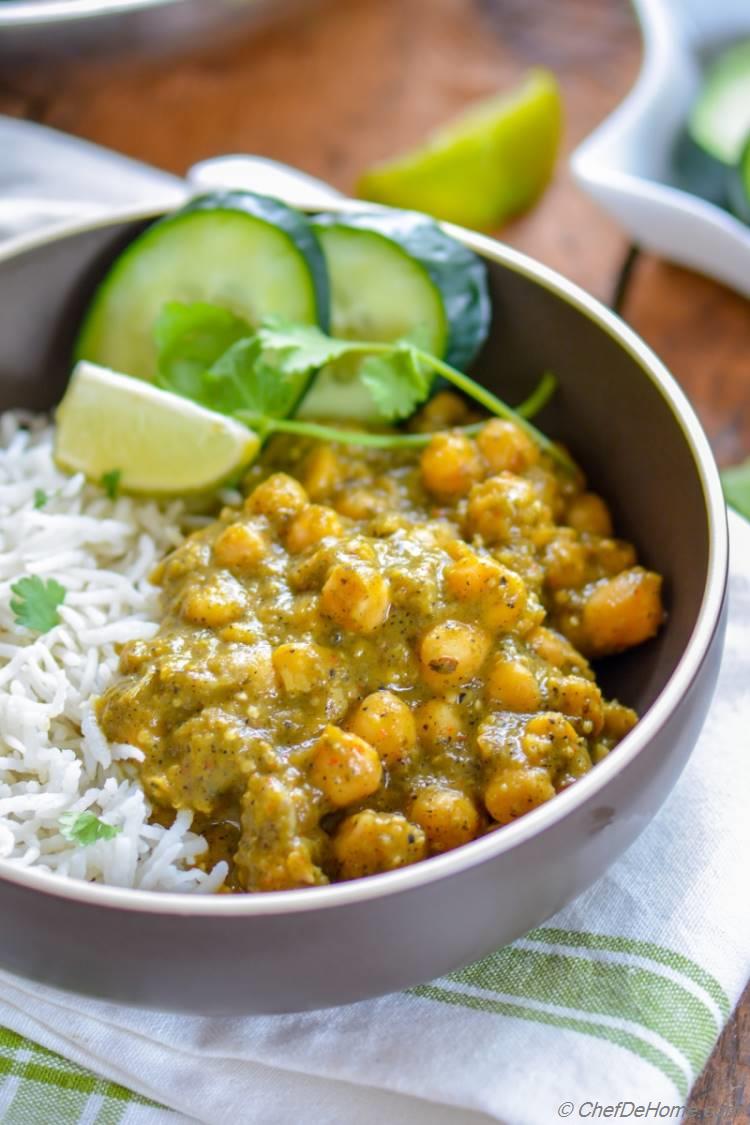 Tangy Creamy Chickpea Curry with Coconut Milk for a winter comfort yet healthy dinner | chefdehome.com
