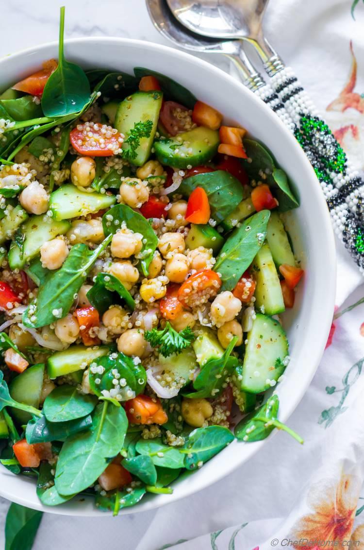 Earthy and flavorful gluten free quinoa salad with chickpeas and spinach