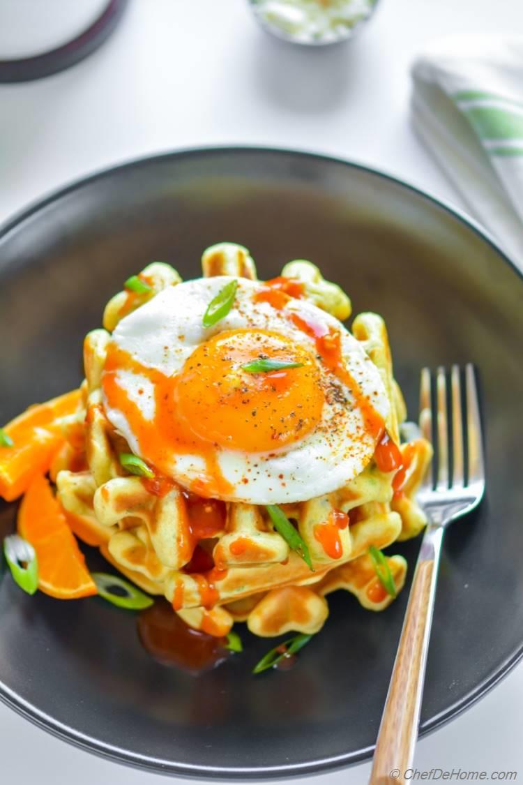 Chickpea Waffles with Scallions Herbs and a Fried Egg | chefdehome.com