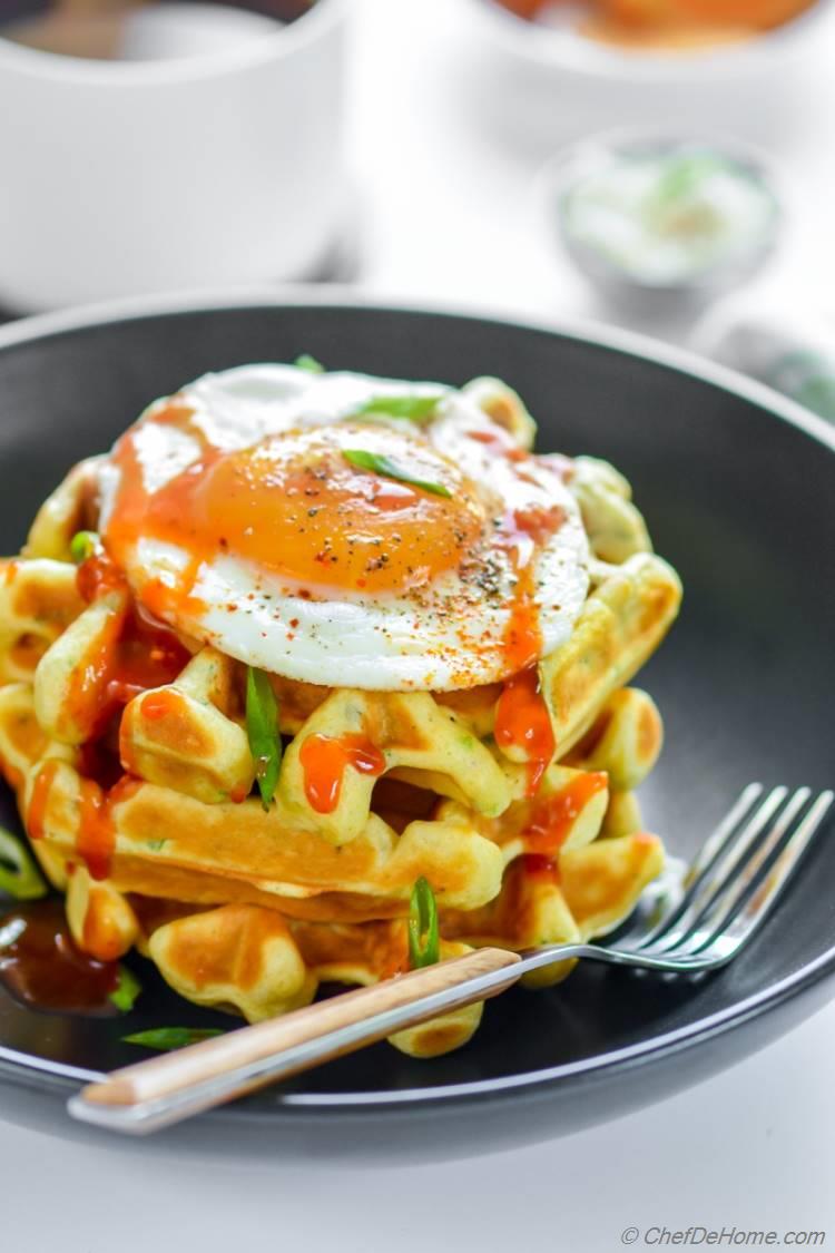 Chickpea Waffles with Scallions Herbs and a Fried Egg | chefdehome.com