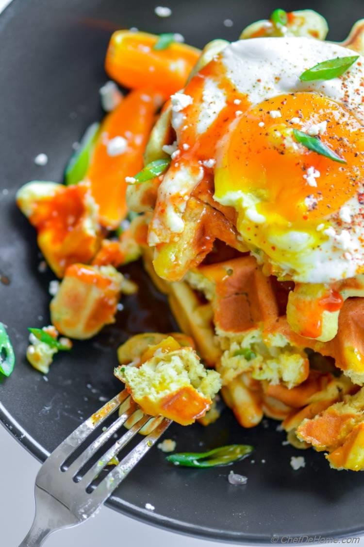 Chickpea Waffles with Scallions Herbs and a Fried Egg | chefdehome.com
