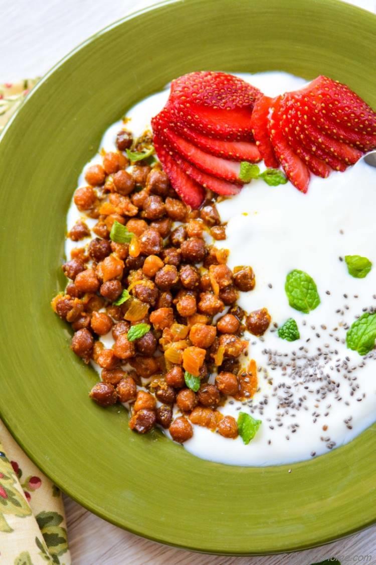 Black Chickpeas Pan Fried with Curry Powder with Yogurt Wholesome Healthy Breakfast