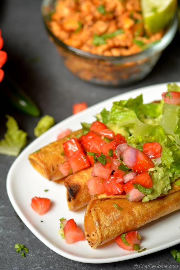 Homemade Vegan and Gluten Free Chipotle Sofritas Taquitos with Strawberry Salsa