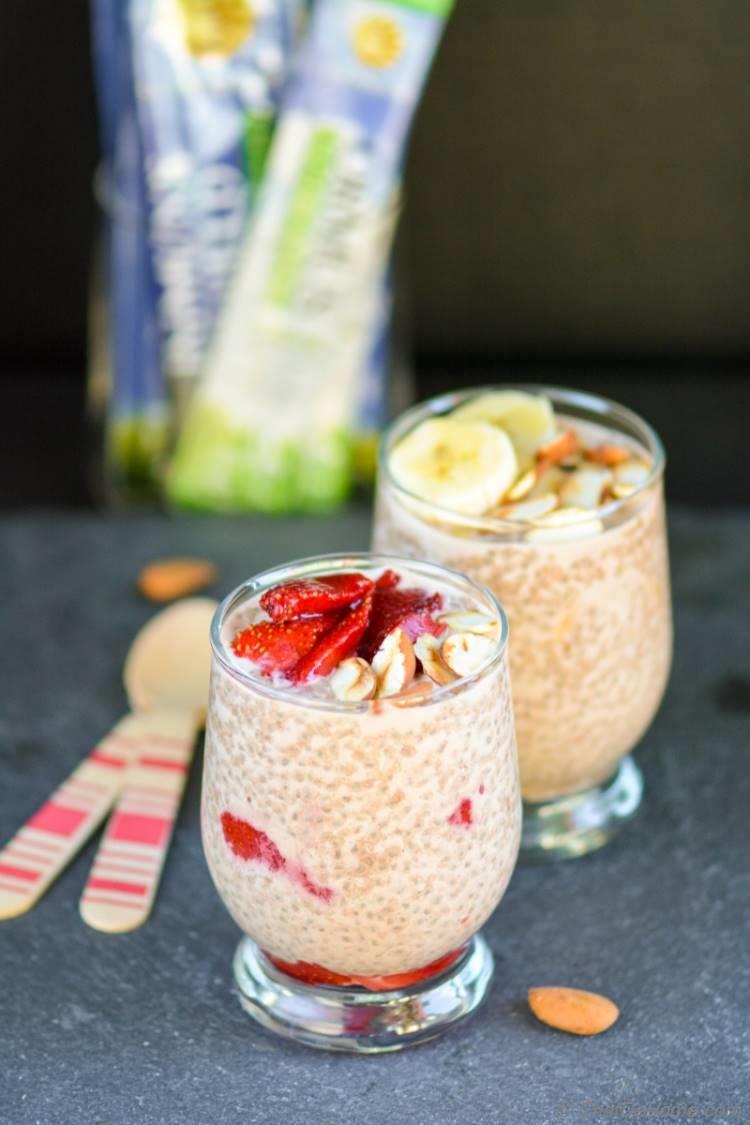 Protein Packed Roasted Strawberries and Banana Chia Pudding with Sunwarrior Chocolate Protein