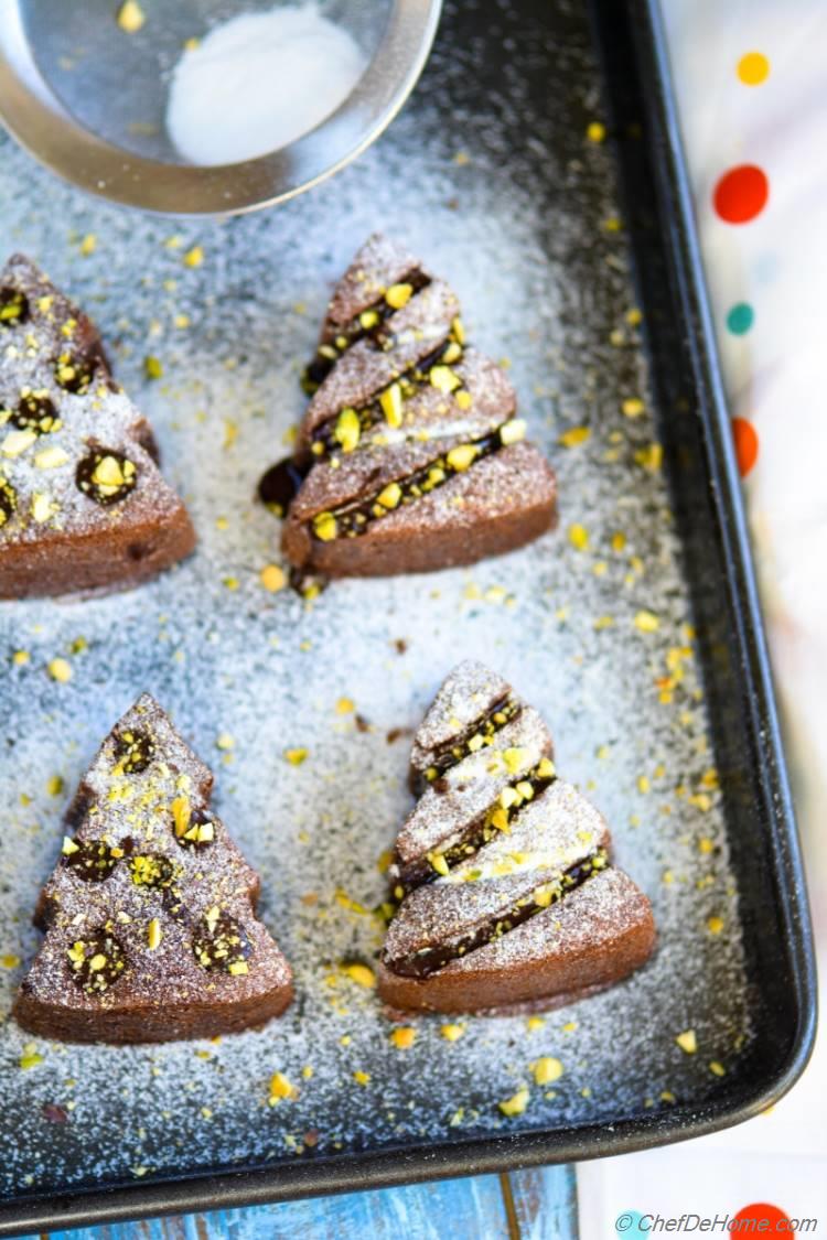Easy and Delicious Chocolate Christmas Tree Cakes with Chocolate Drizzle and Pistachios