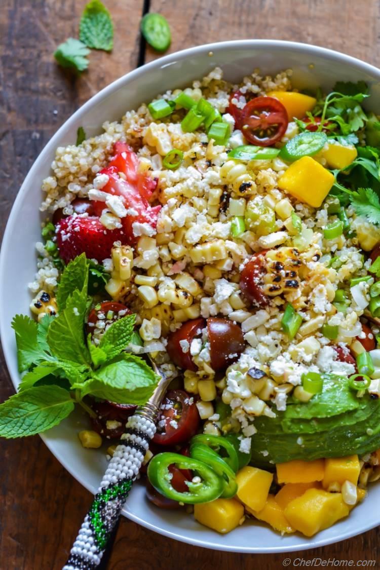Sweet and spicy Mexican Street Corn in a California Inspired Corn and Quinoa Salad | chefdehome.com