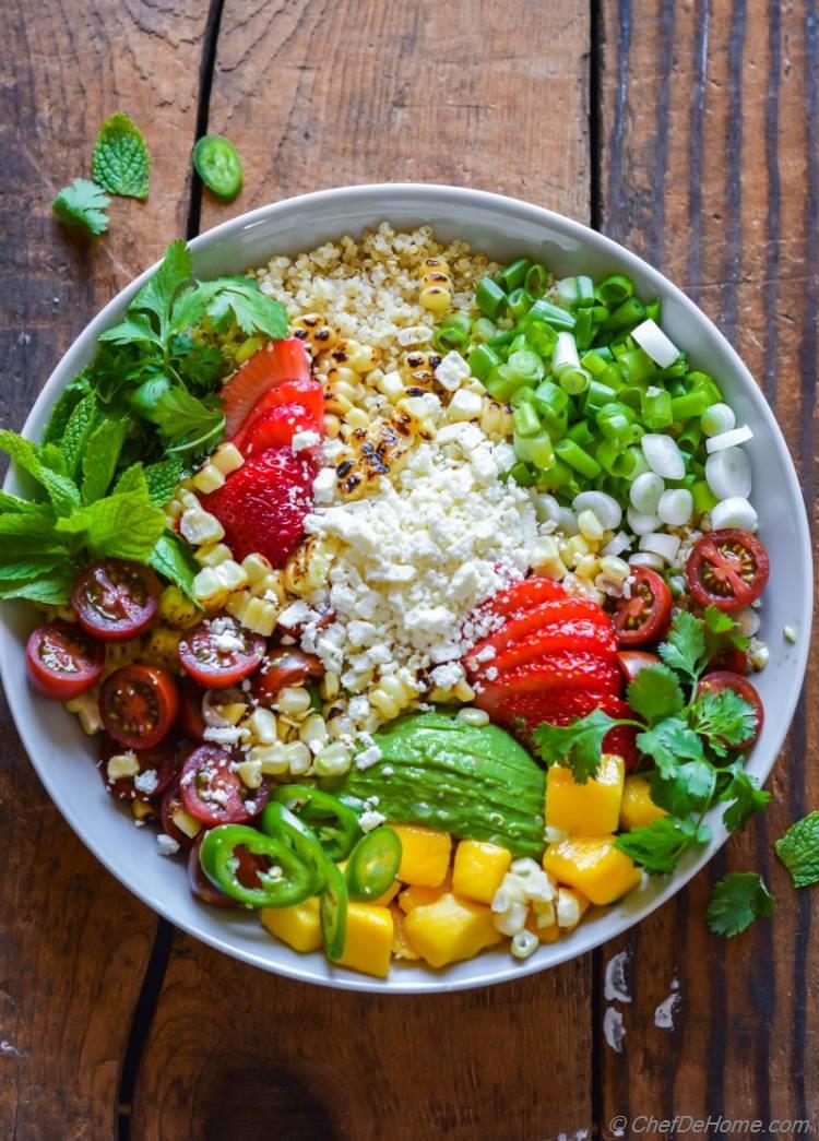 Sweet and spicy Mexican Street Corn in a California Inspired Corn and Quinoa Salad | chefdehome.com