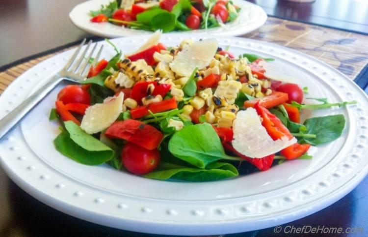 Watercress and Corn Salad with Roasted Red Peppers and Mustard Dressing | chefdehome.com