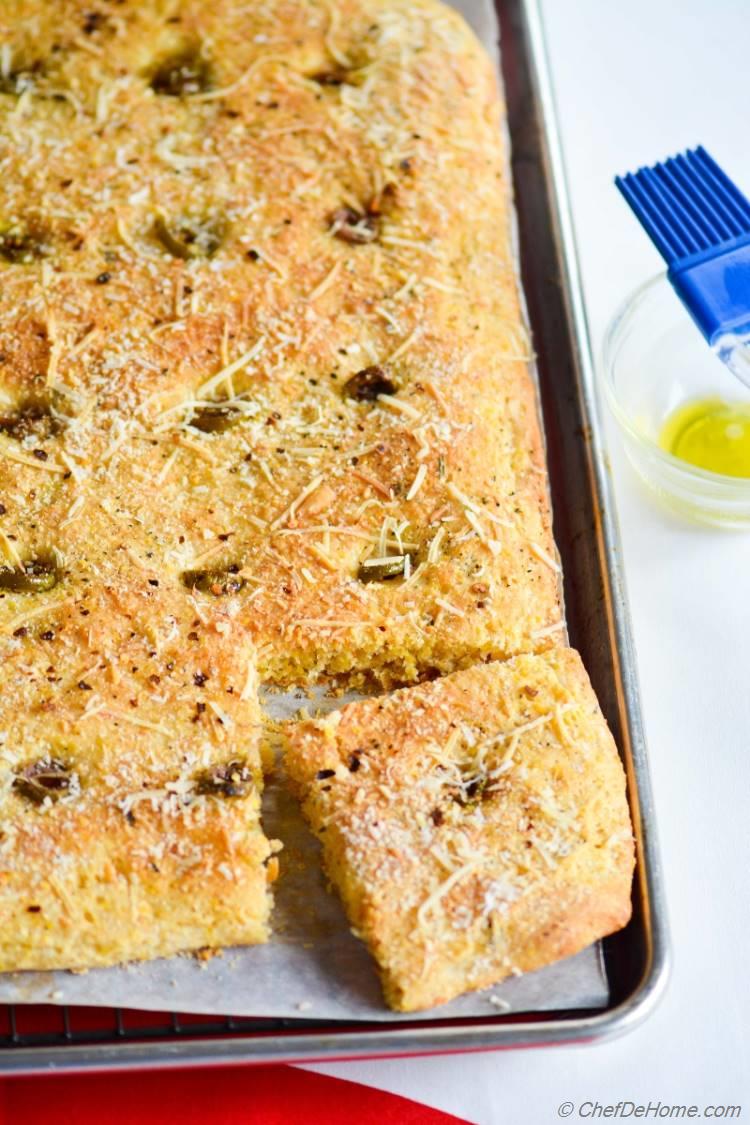Olives, Parmesan Cornbread Focaccia. Scrumptious homemade bread 
