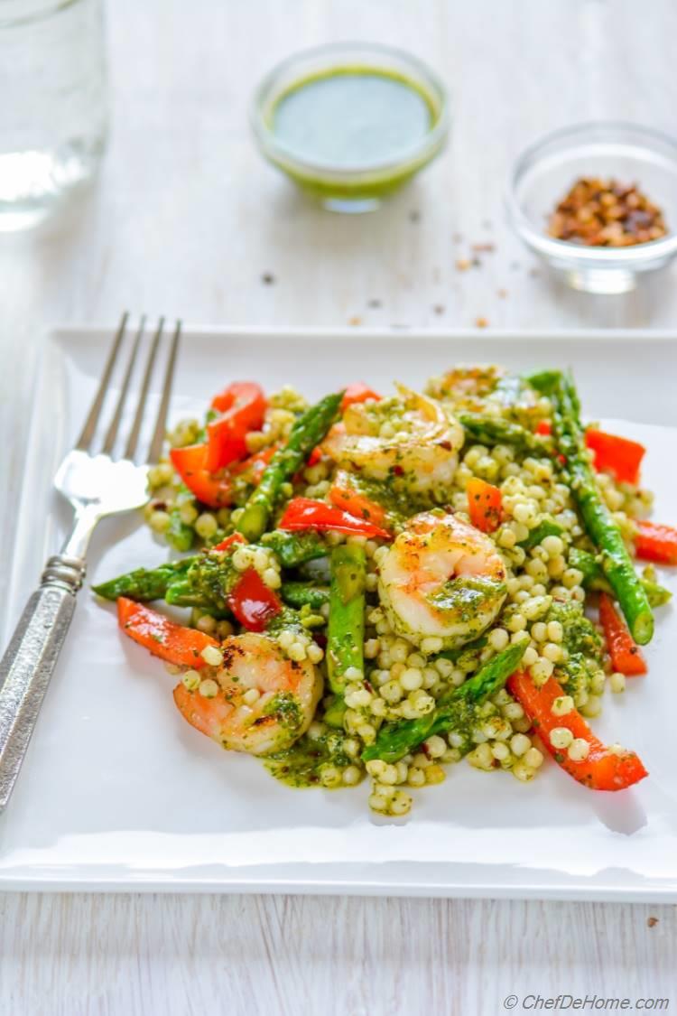 Zippy Chimichurri Mint Sauce with grilled shrimp and couscous pasta | chefdehome.com