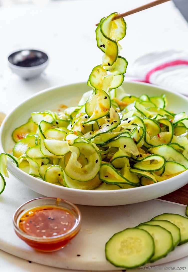 Spiralized Cucumber Salad with Asian Salad Dressing