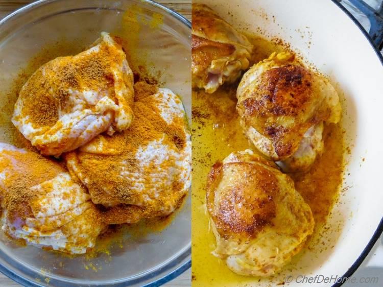 Curry Spiced Chicken Pan Seared before making One Pot Chicken Rice | chefdehome.com