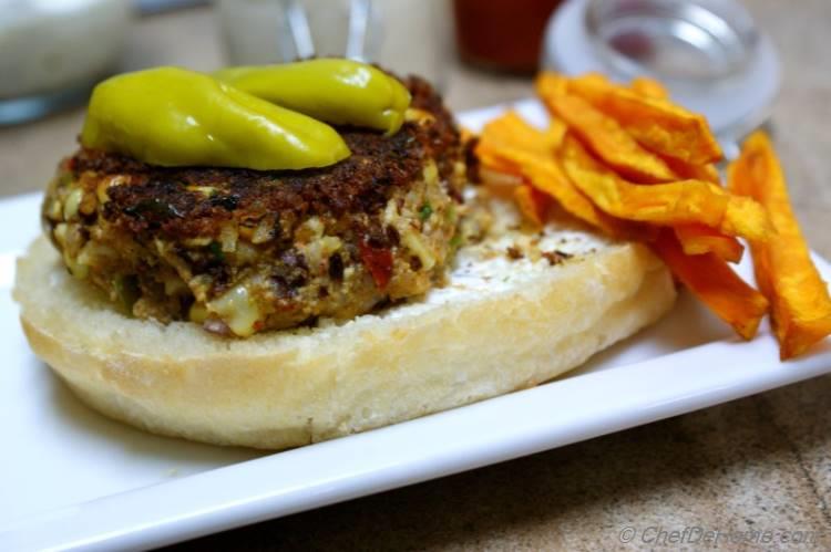 The Counter Style, custom built Tofu, Rice and Beans Burger