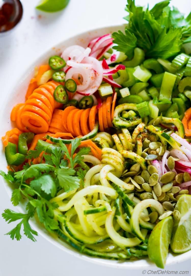 Spiralized Noodle Salad with celery cucumber and zucchini