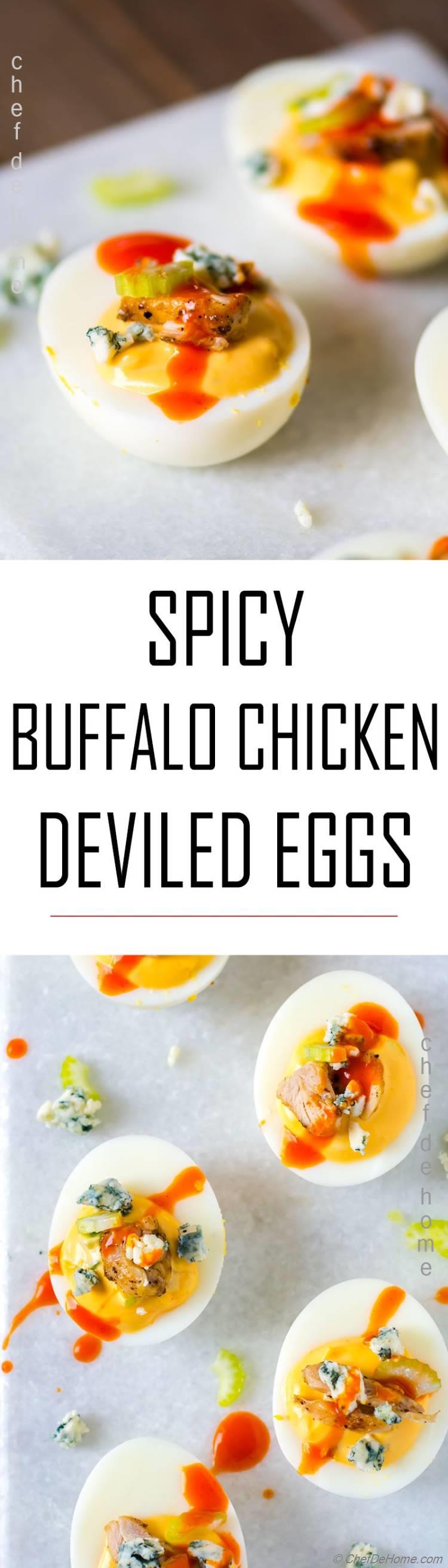 Spicy Deviled Eggs with buffalo sauce chicken and blue cheese