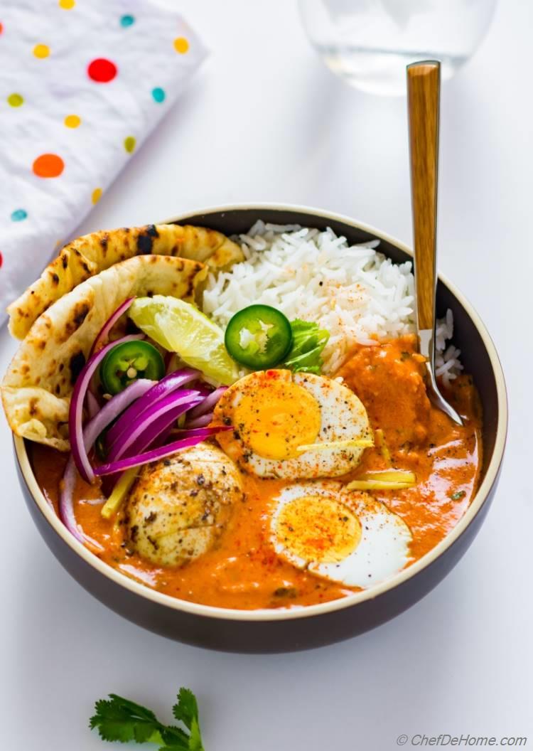 Egg Curry Tikka Masala Sauce Naan and Rice for Indian egg curry dinner