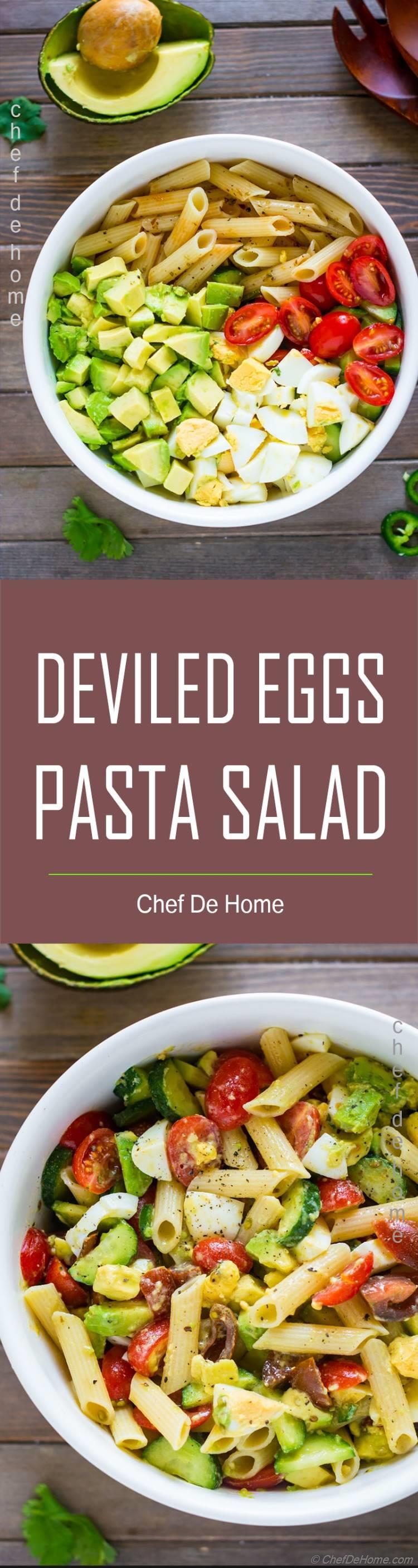 Pasta salad with avocado egg tomato and zesty dressing