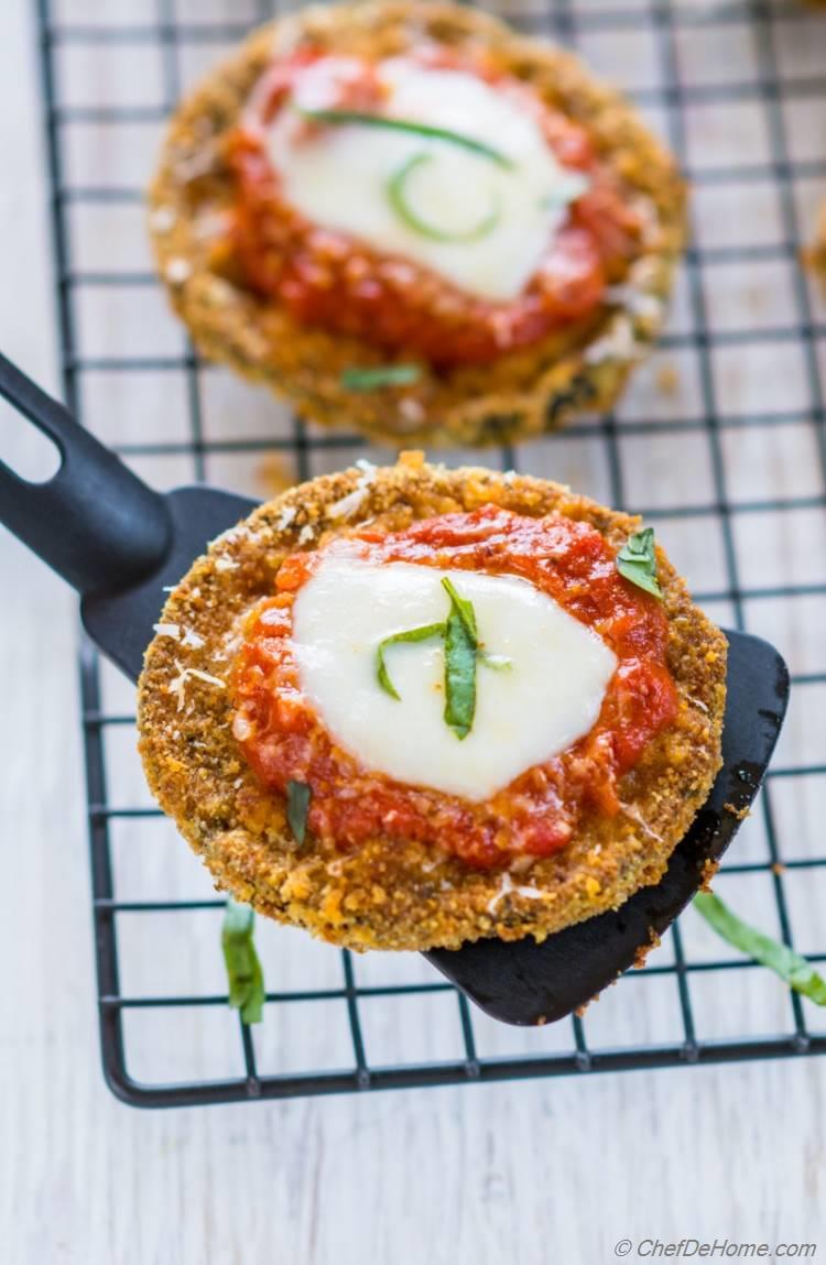 Crispy Baked Eggplant Parmesan in single-serve slices | chefdehome.com