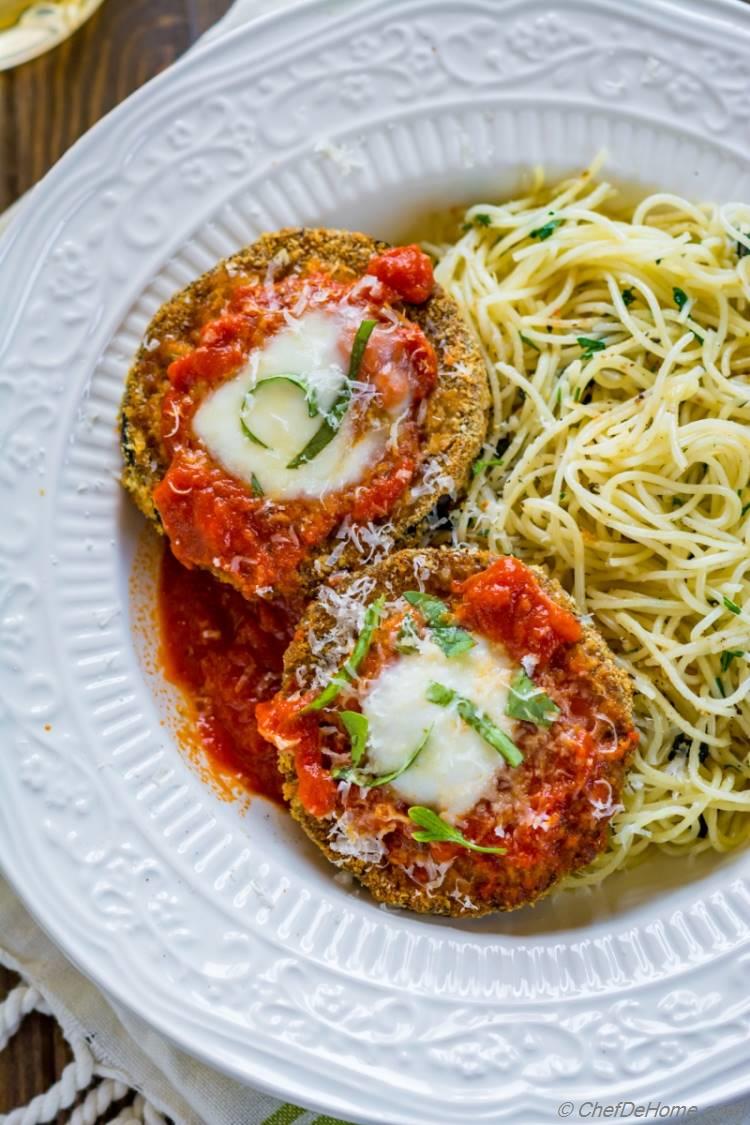 Baked Eggplant Parmesan with Herb-Garlic Pasta | chefdehome.com